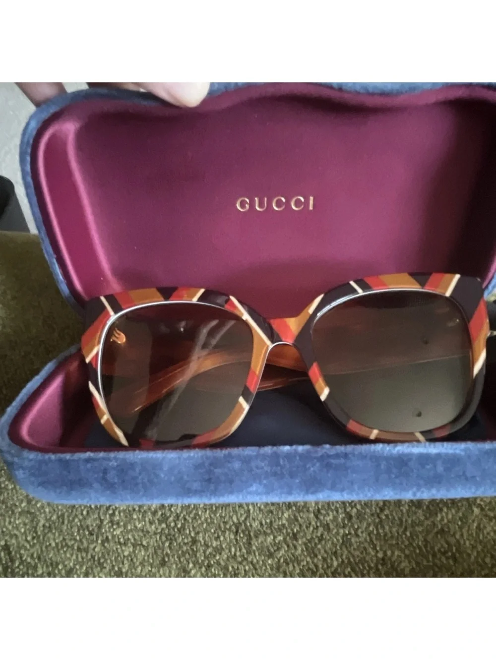 Gucci Women’s Red Orange Brown Striped Oversized Sunglasses